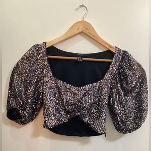 FOREVER 21 Black Metallic Sequin Crop Top. Colour: Black